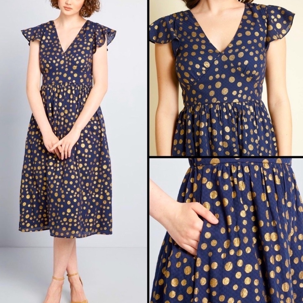 Modcloth Blue Gold Polka Dot Pleated Cotton Midi Dress with Flutter Sleeves